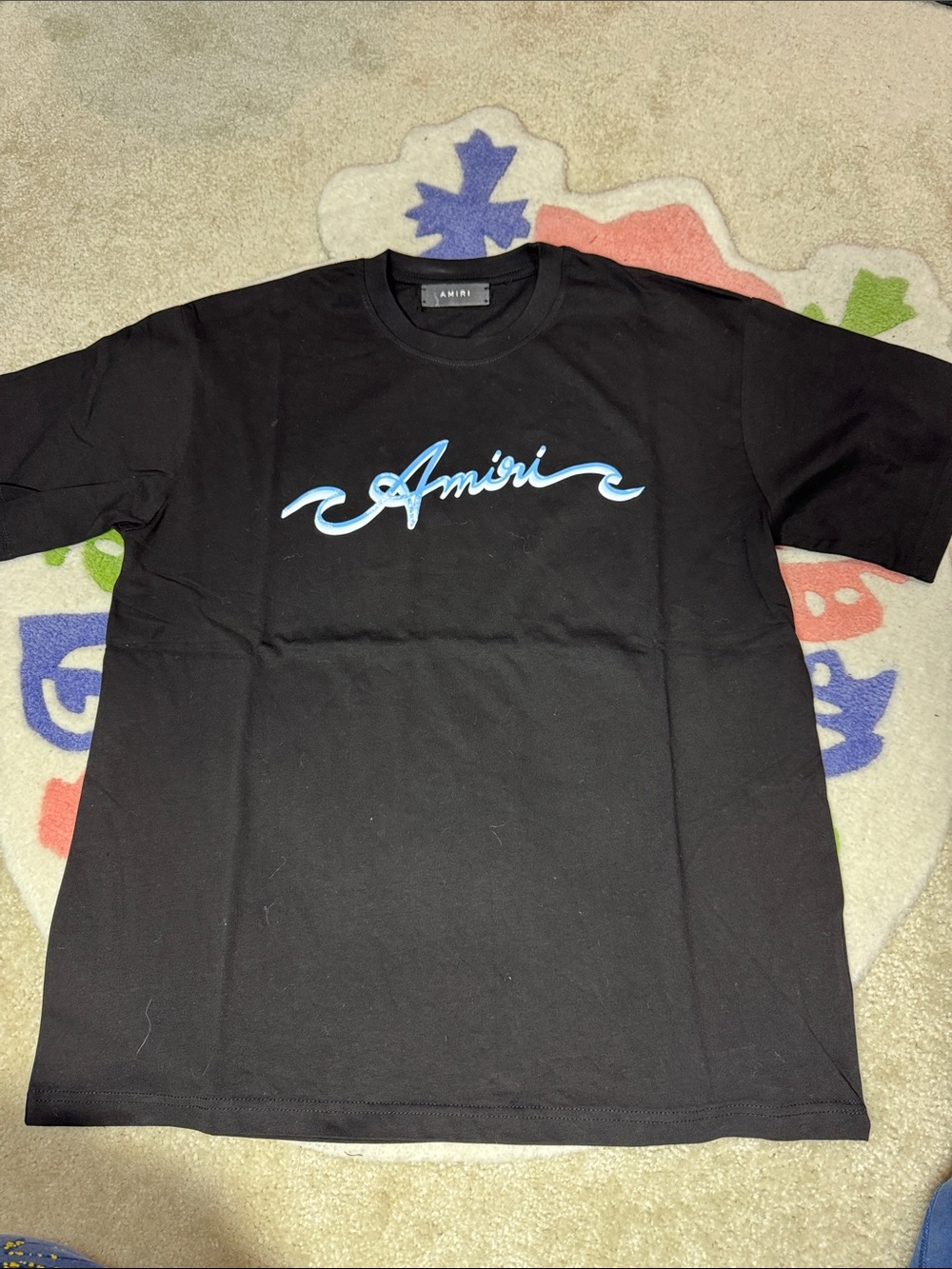 AMIRI Black Short-Sleeve Crewneck with Light Blue Script